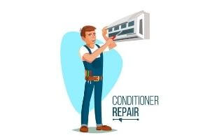 Cartoon of AC Repairman Working on AC